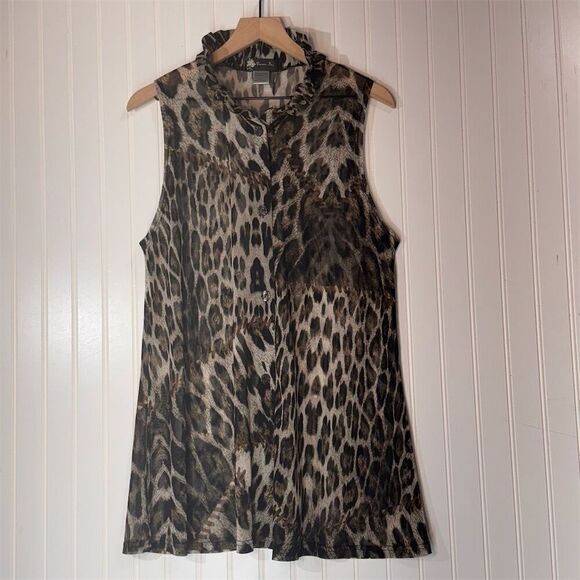 Damee Inc Leopard Print Sheer Sleeveless Ruffle Wire Neck Blouse L Y2K Glam - Picture 2 of 9